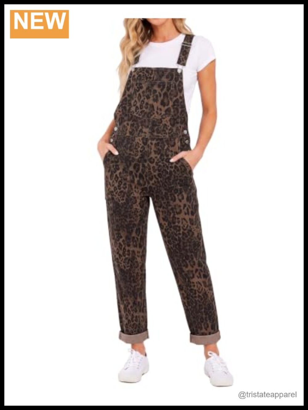 Leopard Print Denim Overalls Straight Leg Cheetah Jean Jumpsuit for Women
